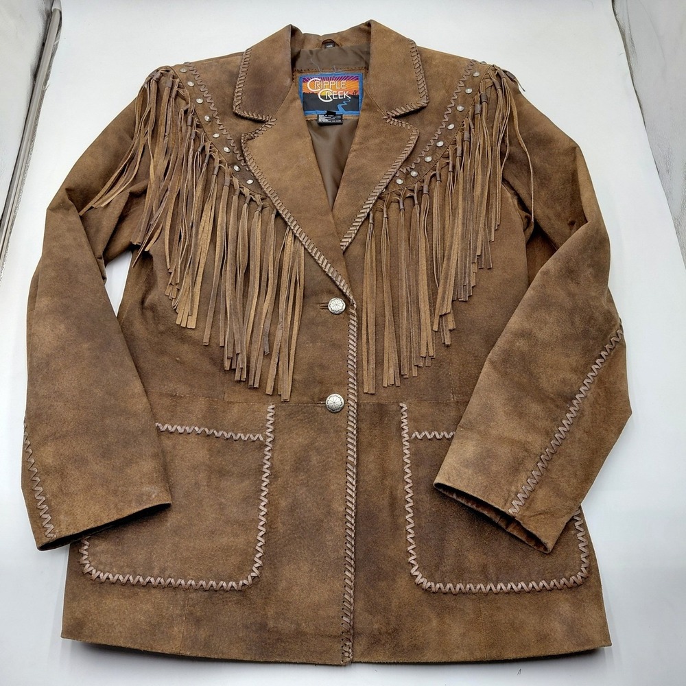 Cripple Creek Womens L Bwn Leather Fringe Western Jacket Studded Whipstitch Read